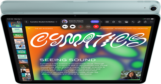 iPad Air, Blue color, top exterior, screen showing Keynote app on screen sharing feature during FaceTime video call, back exterior, 12MP Wide back camera, volume-up button, volume-down button