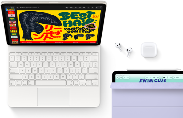 iPad Air, Starlight color, colorful graphics on screen, attached to Magic Keyboard, Airpods Pro and Apple Pencil Pro accessories