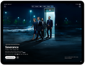 iPad Air, front exterior, screen displays Severance on Apple TV app
