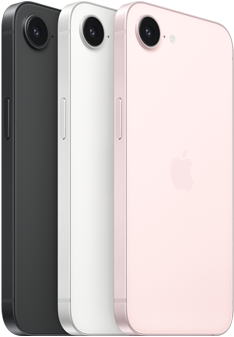 iPhone 17e, side and back exterior, black color, side and back exterior, white color, side and back exterior, soft pink color, Fusion camera at top, side button