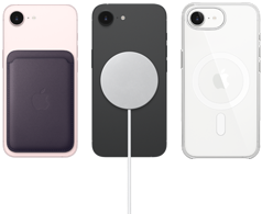 iPhone 17e in soft pink color with FineWoven Wallet in midnight purple color, iPhone 17e in black color and MagSafe Charger, iPhone 17e in white color with Clear Case with MagSafe