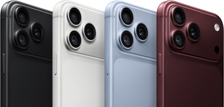 iPhone 18 Pro, back exterior, available in four colors: black, silver, glacier, and burgundy, featuring camera system in the top left corner, three lenses, microphone, flash