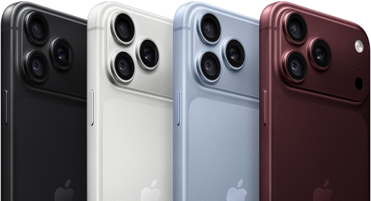iPhone 18 Pro, back exterior, available in four colors: black, silver, glacier, and burgundy, featuring camera system in the top left corner, three lenses, microphone, flash