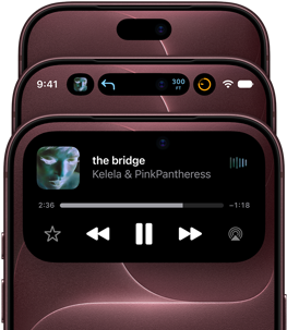 Three iPhone 18 Pros in burgundy color overlapping upward to show Dynamic Island in different modes: off, minimized, and maximized