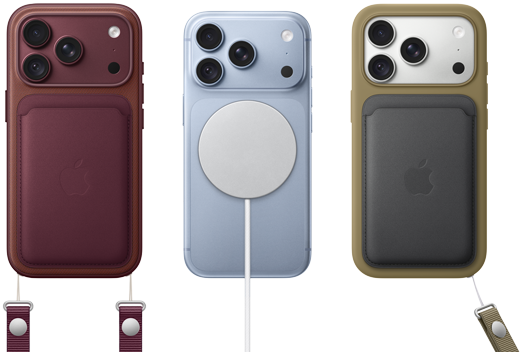 Three iPhone 18 Pro devices, device on left in burgundy color with burgundy color silicone case, burgundy color FineWoven MagSafe Wallet and burgundy color Crossbody Strap attached, middle device in glacier color with white color MagSafe Charger attached, and device on the right in silver color, green color silicone case, dark green FineWoven MagSafe Wallet with wrist strap attached