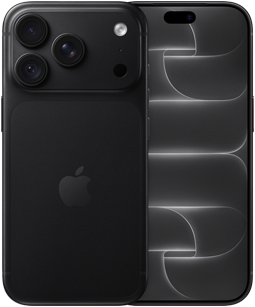 iPhone 18 Pro, back exterior, black color, Pro Fusion camera system at top, centered Apple logo, front exterior, all-screen design, Dynamic Island centered near top