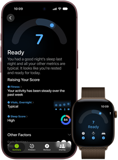 iPhone 18 Pro, black, front exterior, displaying the results of the Readiness status, paired with Apple Watch, front facing, brown, displaying the same Readiness score