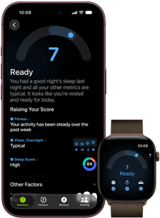 iPhone 18 Pro, black, front exterior, displaying the results of the Readiness status, paired with Apple Watch, front facing, brown, displaying the same Readiness score