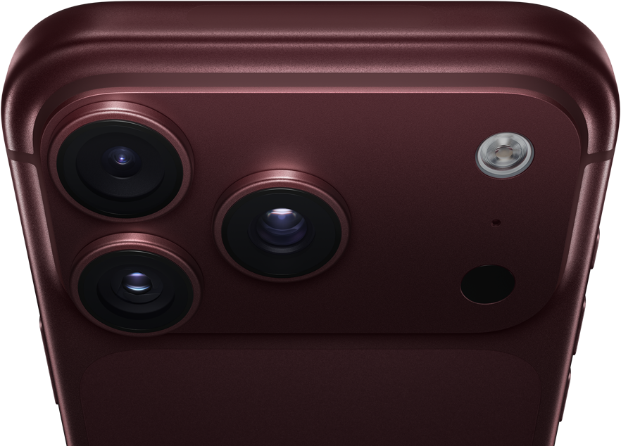 iPhone 18 Pro, burgundy color, rounded edges and corners, partial back exterior angled to show Pro Fusion camera system in top left corner, three lenses, microphone, flash