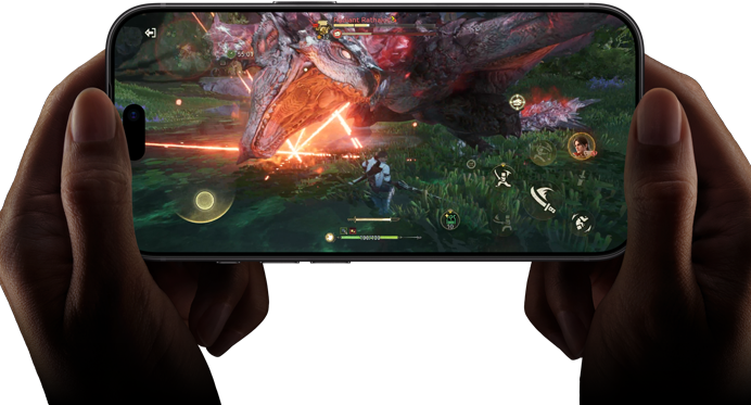 Two hands holding iPhone 18 Pro, in landscape mode, playing Monster Hunter Outlanders video game, demonstrating the performance capabilities of the A20 Pro Chip