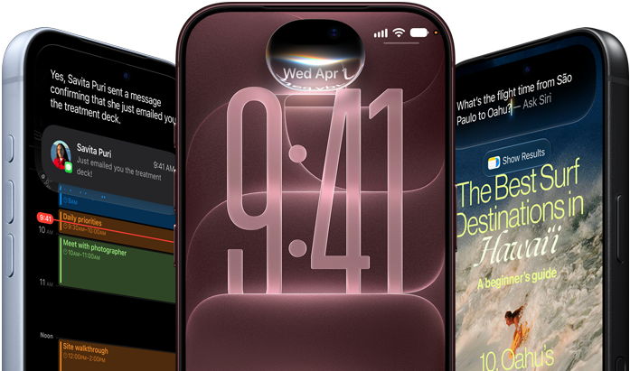 Three iPhone 18 Pro devices in glacier, burgundy, and black colors, front exterior, each screen shows Siri AI integration providing Message summary, listening mode while on lock screen, and an Ask Siri prompt about flight time