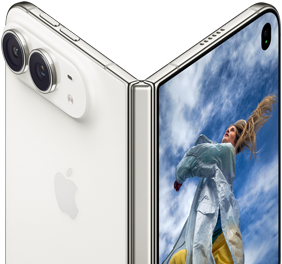 iPhone Duo, partially open like a book with hinge mechanism in the center, exterior back panel on the left features an Apple logo and dual-camera, outer display on the right shows a portrait photo of a person with blonde hair