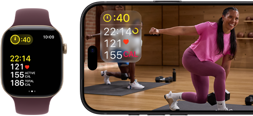 Apple Watch with vital stats next to iPhone displaying an Apple Fitness+ workout and same vital stats