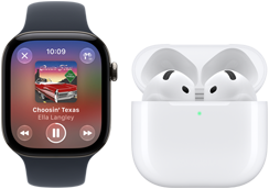 Apple Watch device with black Sport Band displaying song playing, AirPods in charging case