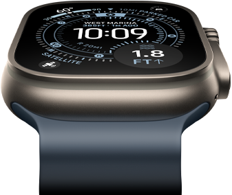 Apple Watch Ultra 3 tilted forward, natural titanium case, compass on Orienteering watch face, anchor blue Ocean Band