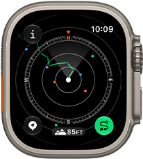 Apple Watch Ultra 4, titanium case, natural color, Backtrack showing route with compass directions, right side exterior, Digital Crown, raised side button