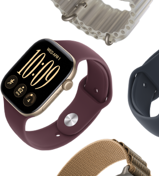 Four Apple Watch devices showcasing different band styles in various colors: two Sport Bands, Alpine Loop band, and Ocean Band