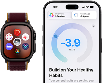 Apple Watch Ultra 4, titanium case, black color, burgundy Trail Loop band, face with app icons: Cycle Tracking, heart rate, ECG, sleep tracking, Siri AI, Vitals, App Grid, iPhone with Health Age in the Health app