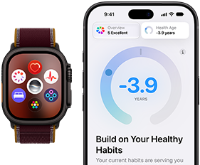 Apple Watch Ultra 4, titanium case, black color, burgundy Trail Loop band, face with app icons: Cycle Tracking, heart rate, ECG, sleep tracking, Siri AI, Vitals, App Grid, iPhone with Health Age in the Health app