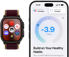 Apple Watch Ultra 4, titanium case, black color, burgundy Trail Loop band, face with app icons: Cycle Tracking, heart rate, ECG, sleep tracking, Siri AI, Vitals, App Grid, iPhone with Health Age in the Health app