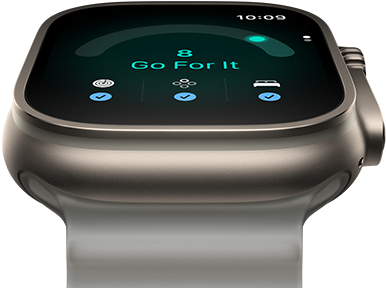 Apple Watch Ultra 4, titanium case, natural color, readiness score of 8, right side exterior, Digital Crown, raised side button, Ocean Band, translucent gray color