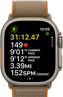 Apple Watch Ultra 4, titanium case, natural color, advanced Outdoor Run workout metrics, right side exterior, Digital Crown, raised side button, Trail Loop band, sand color