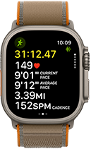 Apple Watch Ultra 4, titanium case, natural color, advanced Outdoor Run workout metrics, right side exterior, Digital Crown, raised side button, Trail Loop band, sand color