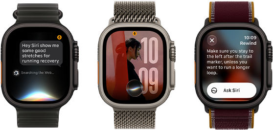 Three Apple Watch Ultra 4 devices, one with black titanium case, Siri AI conversation, translucent black Ocean Band, one with natural titanium case, personalized photo on watch face with Siri AI complication, natural titanium Milanese Loop band, and one with black titanium case, Siri Recap, burgundy Trail Loop band